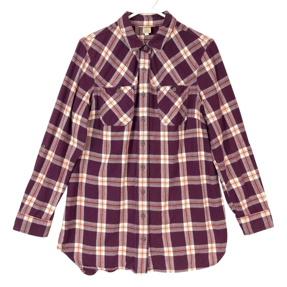 Duluth Purple Plaid Flannel Button Up Shirt L Collar Long Roll-Tab Sleeve